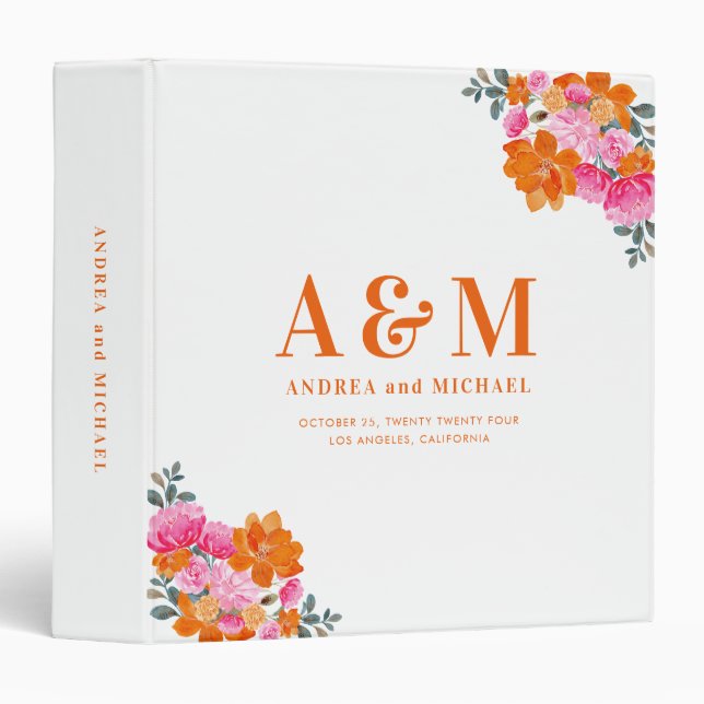 Vibrant Pink & Orange Floral Monogram Wedding 3 Ring Binder (Front/Spine)