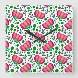 Vibrant Pink Orange Floral Pattern Square Wall Clock