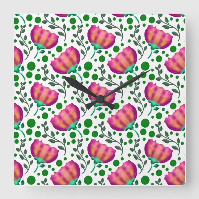 Vibrant Pink Orange Floral Pattern  Square Wall Clock (Front)