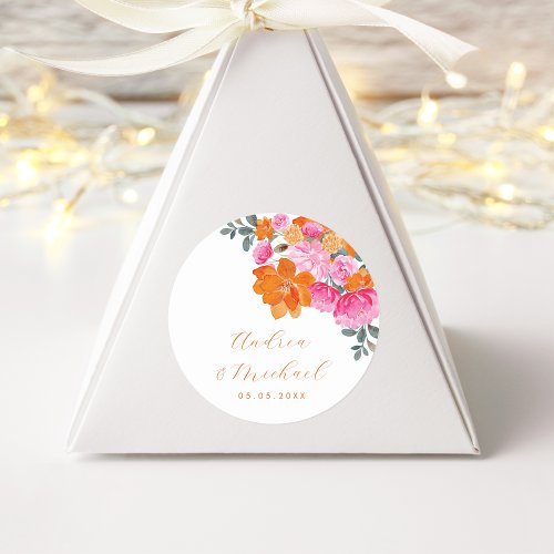 Vibrant Pink Orange Floral Summer Custom Wedding Classic Round Sticker