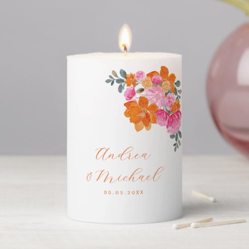 Vibrant Pink Orange Floral Summer Custom Wedding Pillar Candle