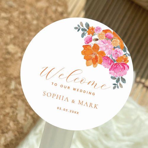 Vibrant Pink Orange Floral Summer Wedding Welcome Classic Round Sticker