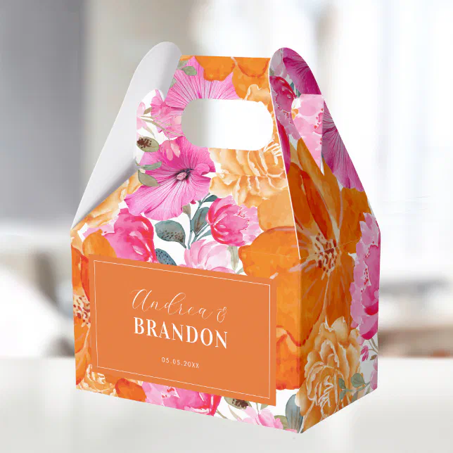 Vibrant Pink & Orange Garden Floral Names Wedding Favor Boxes | Zazzle