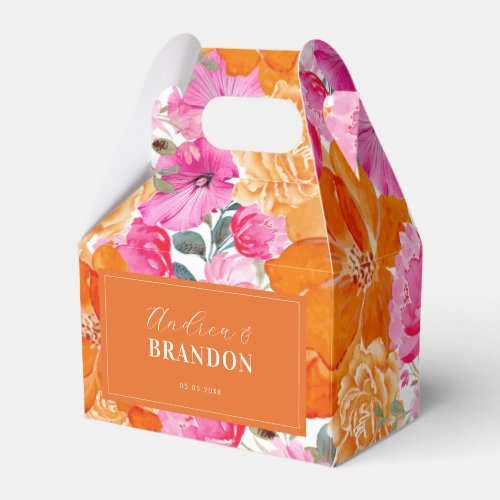 Vibrant Pink  Orange Garden Floral Names Wedding Favor Boxes