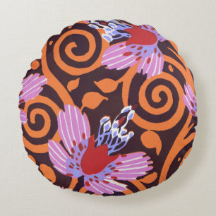 Vibrant Pink & Orange Swirl Art Deco Flower Round Pillow