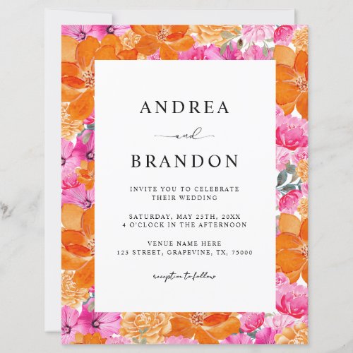 Vibrant Pink Orange Watercolor Floral Wedding