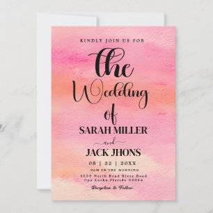 Vibrant Pink & Orange Watercolor Wedding Invitatio Invitation