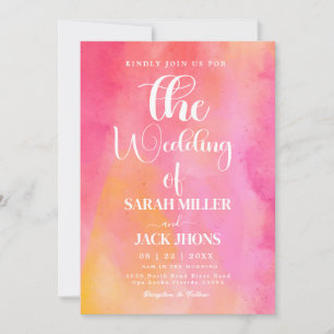 Vibrant Pink & Orange Watercolor Wedding Invitatio Invitation
