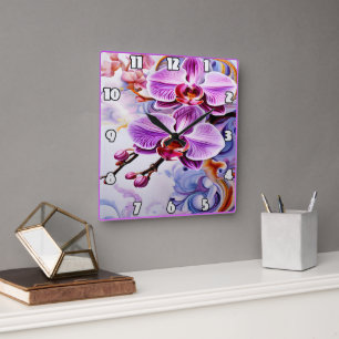 Vibrant Pink Orchids in Artistic Background Square Wall Clock