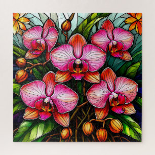 Vibrant Pink Orchids in Stained Glass Artwork Jigsaw Puzzle