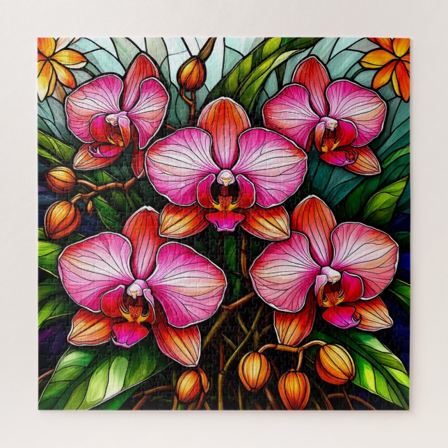 Vibrant Pink Orchids in Stained Glass Artwork Jigsaw Puzzle (Vertical)