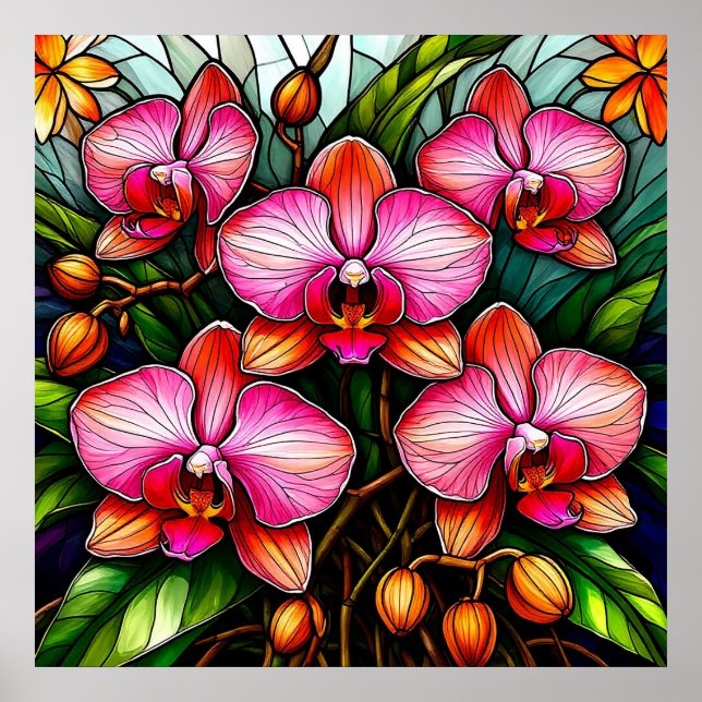 Vibrant Pink Orchids in Stained Glass Artwork Poster (Front)