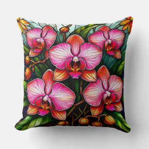 Vibrant Pink Orchids in Stained Glass Artwork Throw Pillow