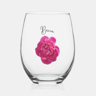 Vibrant Pink Peony Flower Personalized Stemless Wine Glass