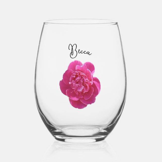 Vibrant Pink Peony Flower Personalized Stemless Wine Glass (Front)