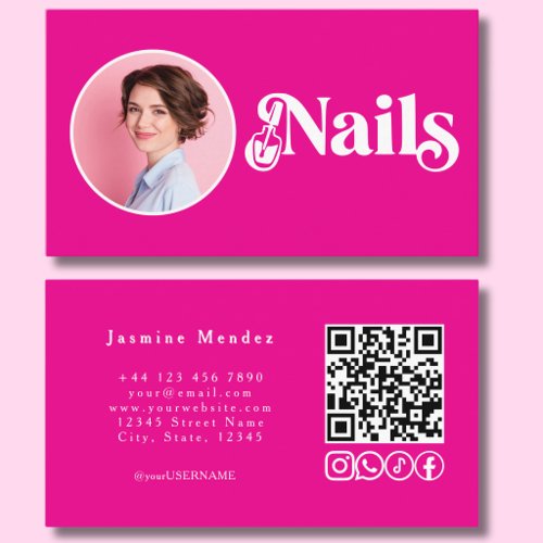 Vibrant Pink Photo Nails QR Code Social Icons  Business Card