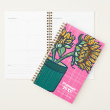 Vibrant Pink Plaid Yellow Sunflower Planner