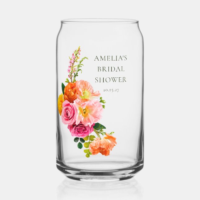Vibrant Pink Poppies Floral Bloom Bridal Shower Can Glass (Front)