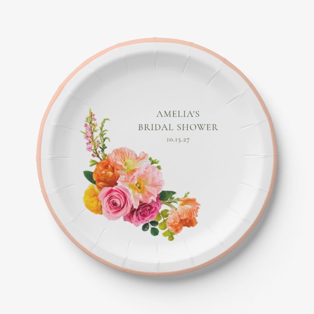 Vibrant Pink Poppies Floral Bloom Bridal Shower Paper Plates (Front)