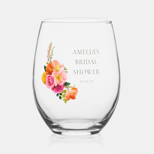 Vibrant Pink Poppies Floral Bloom Bridal Shower Stemless Wine Glass