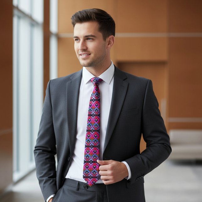 Vibrant Pink Purple Geometric Diamond Pattern Neck Tie (Creator Uploaded)