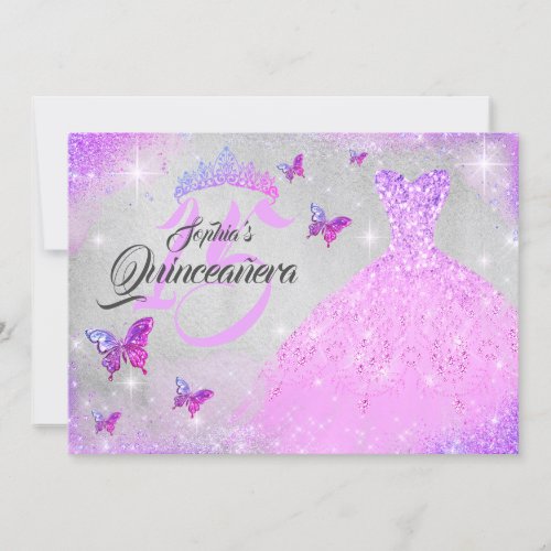 Vibrant Pink Purple Sparkle Dress Quinceanera Invitation