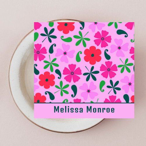 Vibrant Pink Retro Vintage Flowers Typography  Square Business Card