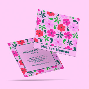 Vibrant Pink Retro Vintage Flowers Typography Square Business Card