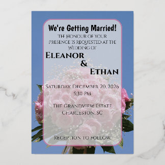 Vibrant Pink Rose Bouquet & Blue Sky Summer  Foil Invitation