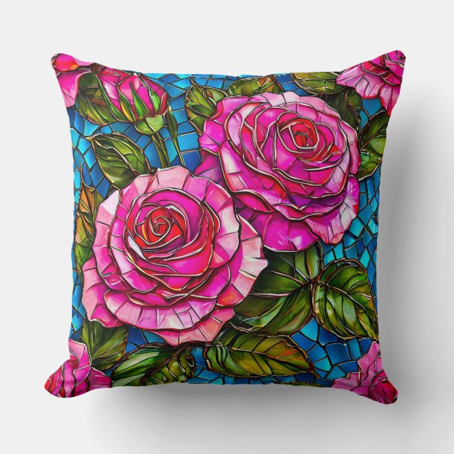 Vibrant Pink Rose With Floral Pattern Throw Pillow (Front)