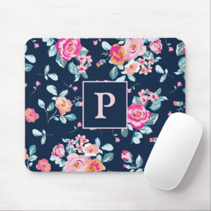 Vibrant Pink Roses Floral Monogram Mouse Pad