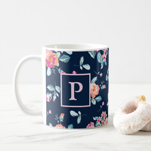 Vibrant Pink Roses Floral Pattern Monogram Coffee Mug (With Donut)