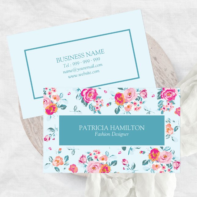 Vibrant Pink Roses Floral Pattern On Mint Business Card (Creator Uploaded)