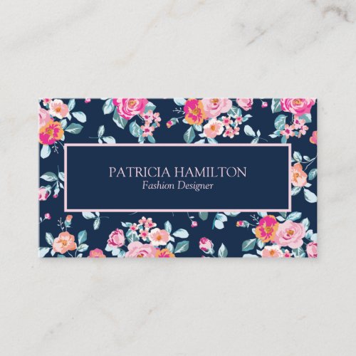 Vibrant Pink Roses Floral Pattern On Navy Blue Business Card