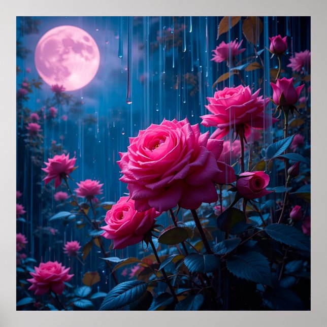 Vibrant Pink Roses in a Moonlit Rainy Garden Poster (Front)