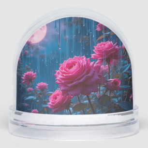 Vibrant Pink Roses in a Moonlit Rainy Garden Snow Globe