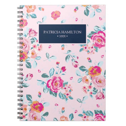 Vibrant Pink Roses Vintage Floral Pattern On Blush Notebook