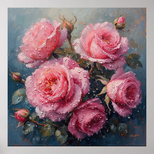 Vibrant Pink Roses with Dew Oil Painting Poster (Front)