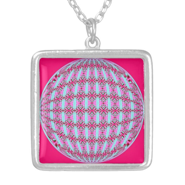 Vibrant Pink/Soft Turquoise Pattern Globe Design Silver Plated Necklace (Front)
