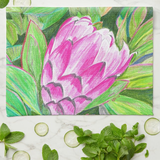 Vibrant Pink South African Protea Kitchen Towel (Folded)