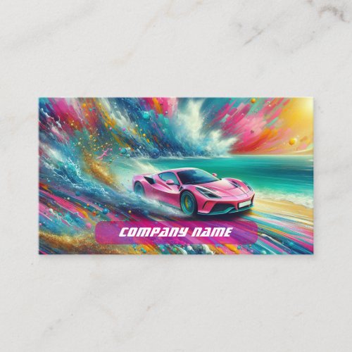 Vibrant Pink Sportscar on a Tropical Beach  Business Card