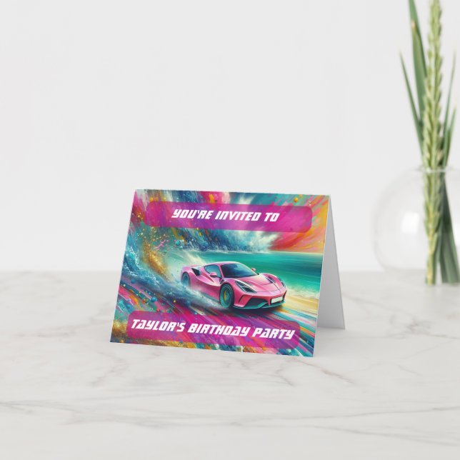 Vibrant Pink Sportscar on a Tropical Beach  Invitation (Front)