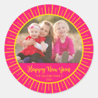 Vibrant Pink Starburst Happy New Year Photo Classic Round Sticker