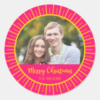 Vibrant Pink Starburst Merry Christmas Photo Classic Round Sticker
