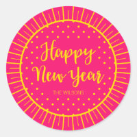 Vibrant Pink Starburst Script Happy New Year Classic Round Sticker