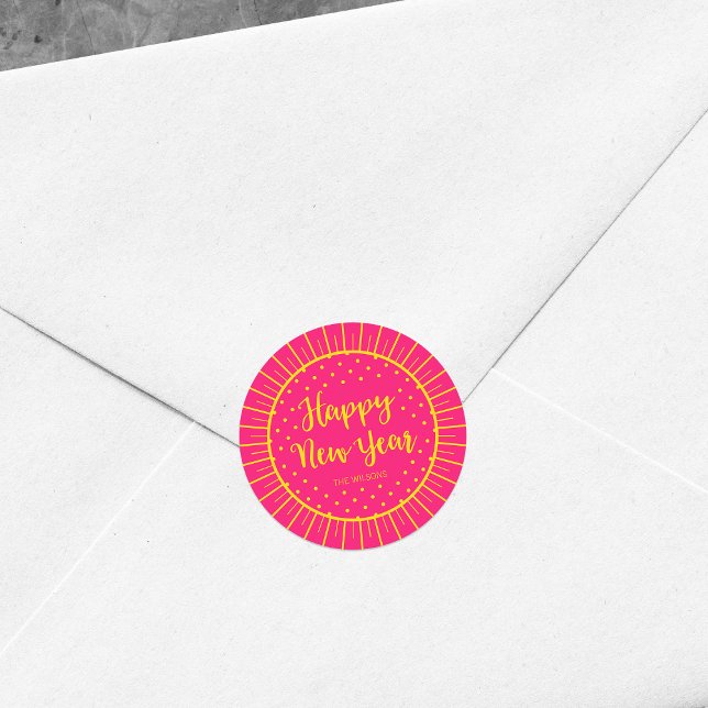 Vibrant Pink Starburst Script Happy New Year Classic Round Sticker (Creator Uploaded)