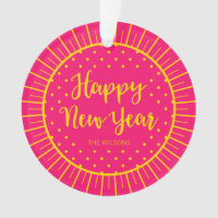 Vibrant Pink Starburst Script Happy New Year Ornament