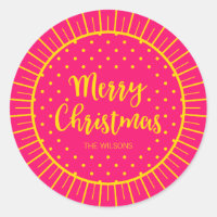 Vibrant Pink Starburst Script Merry Christmas Classic Round Sticker