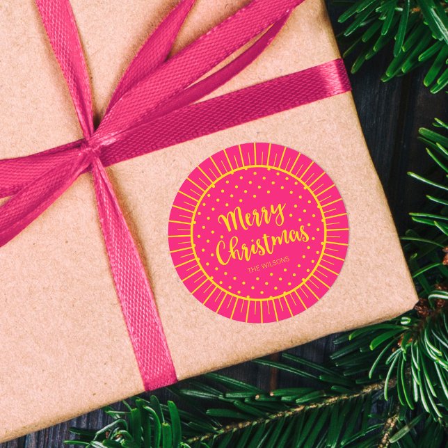 Vibrant Pink Starburst Script Merry Christmas Classic Round Sticker (Creator Uploaded)