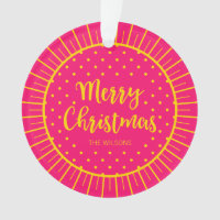Vibrant Pink Starburst Script Merry Christmas Ornament